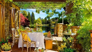 Cozy Small Porch in Morning Garden Ambience with Spring Piano Music & Birds Singing for Good Mood